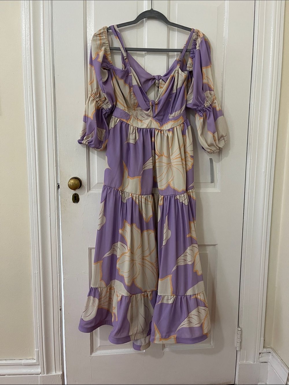 Liliana Lavender Floral Tiered Midi Dress with Cream and Gold Accents